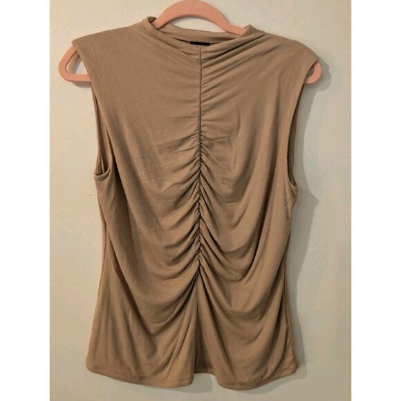 Elie Tahari Sleeveless Top Blouse US M Nude Beige Ruched Back Mock Neck Ribbed - Picture 5 of 5